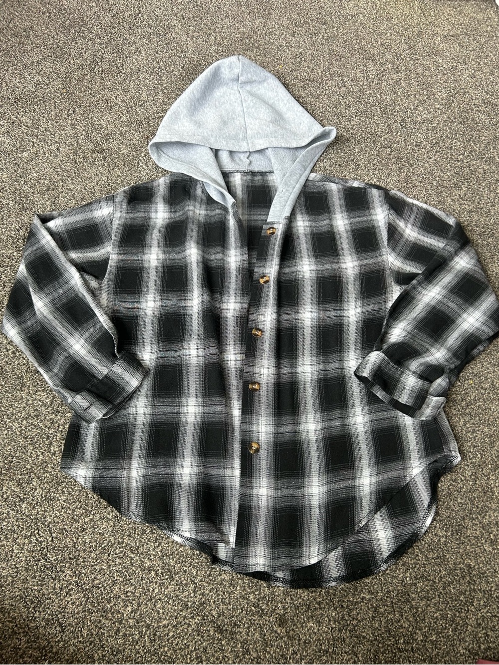 SHEIN Black & Gray Plaid Hooded Button-Down Shirt